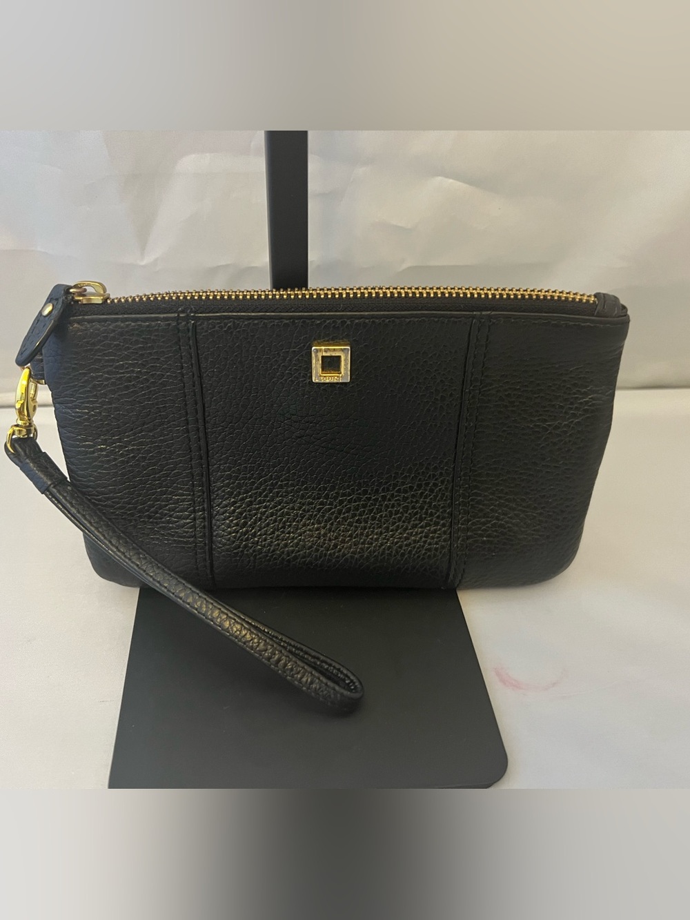 Lodis Black Leather Wristlet Clutch with Gold Hardware